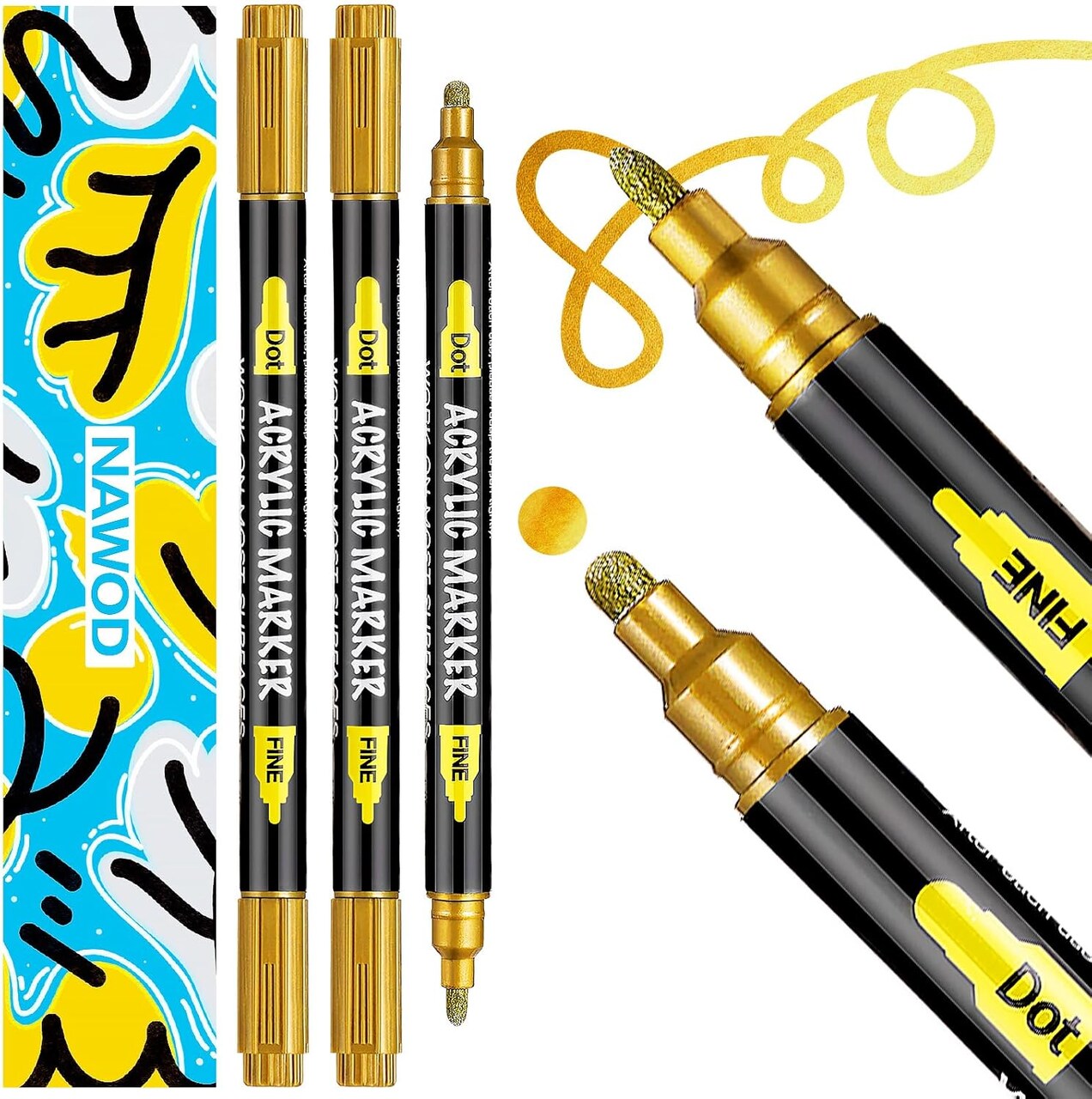 3 Gold Acrylic Paint Pens Markers, Dual Tip (Fine 1mm + Dot 5mm), for Rock Painting Fabric Canvas Glass Wood Ceramic Paper Eggs, Fabric Marker Ideal for Labeling DIY Crafts Art Projects